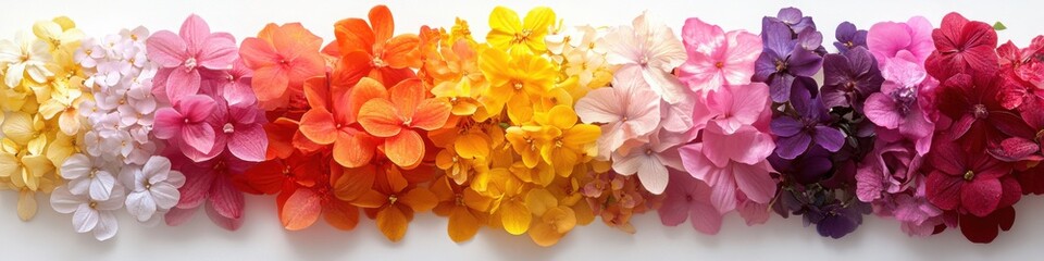 Obraz premium A seamless row of vibrant multicolored hydrangea petals arranged horizontally against a white background, suitable as a wallpaper, banner, or floral background.