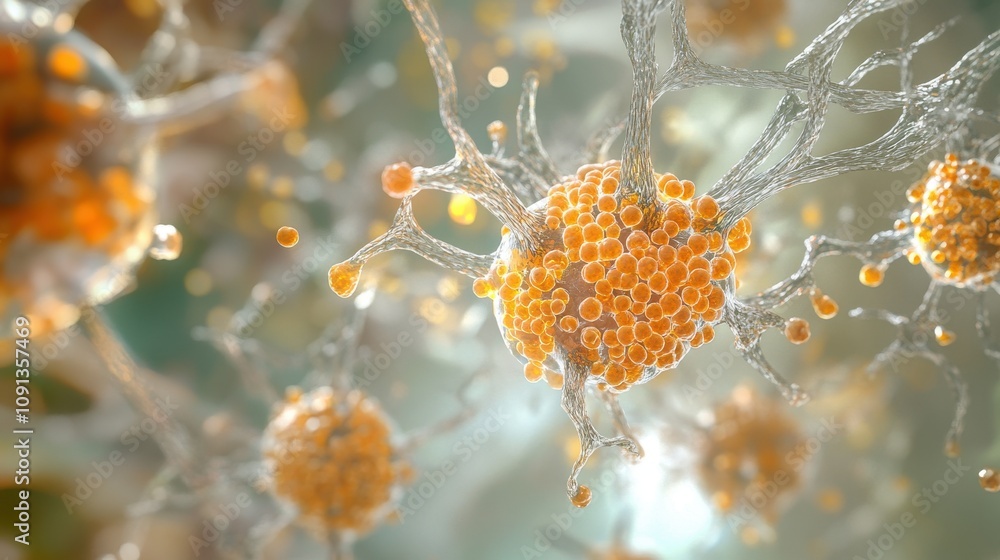 Poster close-up view of cellular structures with orange spheres and intricate filaments.