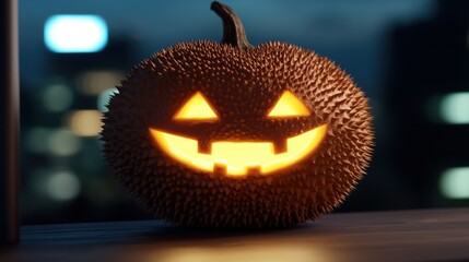 Uniquely designed pumpkin lantern with spiky exterior glows warmly, featuring playful yet eerie facial expressions. blurred city lights enhance its festive halloween charm.