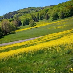 Obraz premium Generate an extreme wide shot of a lush springtime landscape with a panoramic view of rolling hills covered in blooming wildflowers. Include a clear blue sky, a few grazing animals, and distant trees 