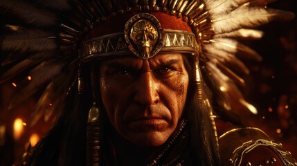 Native American leader in a majestic feather headdress, embodying strength and bravery, with intense gaze and intricate traditional attire.