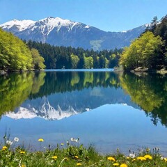 an establishing shot of a dandelion field near a serene lake or river. Capture the dandelions in the foreground with the reflective water in the background, and include elements like distant mountains