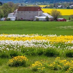 Obraz premium an establishing shot of a dandelion field in the middle of a rural landscape, with a rustic barn or farmhouse in the background. Include a wide view that captures the dandelion field's extent and its 