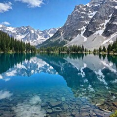 A medium shot of a serene mountain lake with crystal-clear water.