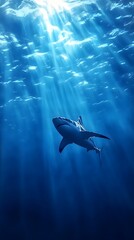 Obraz premium Shark swimming in the deep blue ocean, surrounded by shimmering light and silhouetted fish in the background