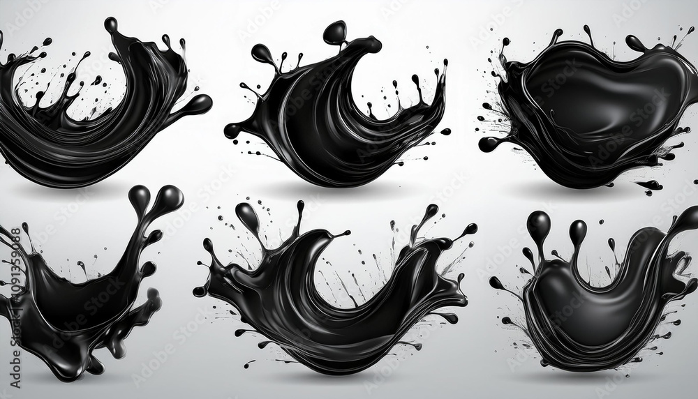 Poster black liquid splashes, swirl and waves with scatter drops. paint, oil or ink splashing dynamic motio