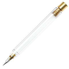 Naklejka premium Elegant Transparent Pen with Gold Accents on a white background.