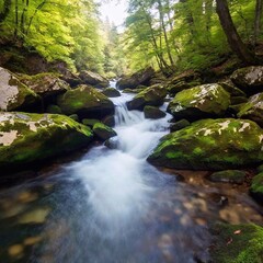 Obraz premium A full shot of a quiet river with fish flowing through a forest at eye level, with trees lining the banks and reflections in the water.
