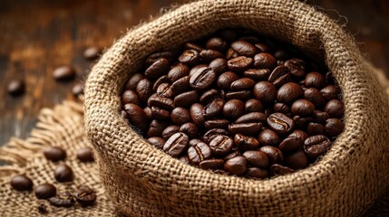 Fototapeta premium A close-up of fresh, rich coffee beans overflowing from a burlap sack, showcasing their glossy surface and deep, aromatic color.