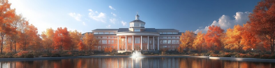 Fototapeta premium A grand building surrounded by vibrant autumn trees and a calm reflecting pond, ideal for seasonal posters, architecture banners, or nature-themed designs.
