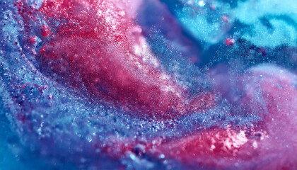 Fototapeta premium Sparkling fluid. Liquid ink color mix. Blurred red blue color shiny dust particles acrylic paint swirl water emulsion flow abstract art background.