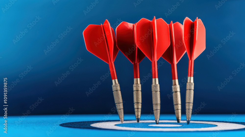 Poster five red darts striking bullseye on blue target, showcasing precision and focus. this captures essen