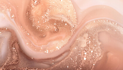 Obraz premium Sparkling fluid. Liquid ink color mix. Blurred beige peach pink color shiny dust particles acrylic paint swirl water emulsion flow abstract art background.