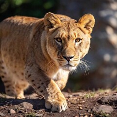 Obraz premium A full shot photo of a lioness crouched and ready to pounce, deep focus on its tense muscles and predatory gaze, low-angle shot that accentuates its readiness to spring forward and its raw power