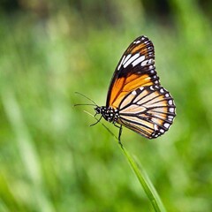 Obraz premium A macro photo of a butterfly resting on a blade of grass, soft focus blurring the background to a wash of green hues, low angle shot from beneath the grass level, giving the butterfly an almost toweri