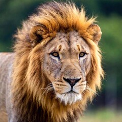 Naklejka premium A close-up photo portrait of a lion with its head slightly tilted, deep focus on the softness of its mane flowing in the wind, eye-level shot capturing a gentle yet powerful expression