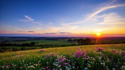 Obraz premium Vibrant Sunset Over Wildflower Meadow: Capture Nature's Beauty for Wall Art or Desktop Background