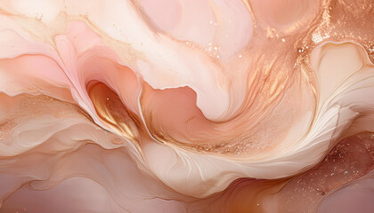 Obraz premium Sparkling fluid. Liquid ink color mix. Blurred beige peach color shiny dust particles acrylic paint swirl water emulsion flow abstract art background.
