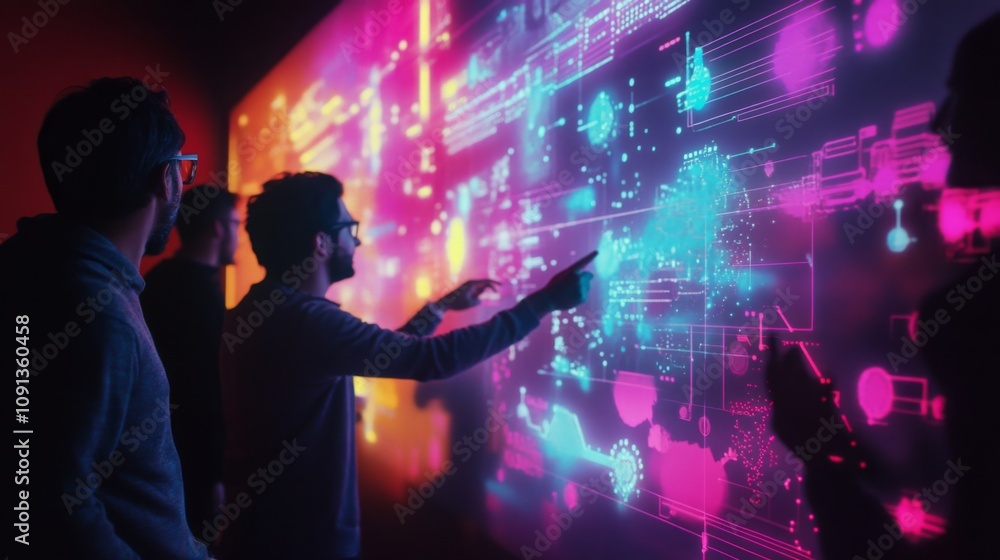 Leinwandbilder A group of people interact with a vibrant digital display, pointing at intricate visualizations and patterns. The atmosphere is immersive, suggesting a collaborative tech-focused experience.