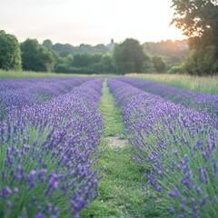 Fototapeta premium A serene lavender field at sunset, showcasing rows of blooming flowers.