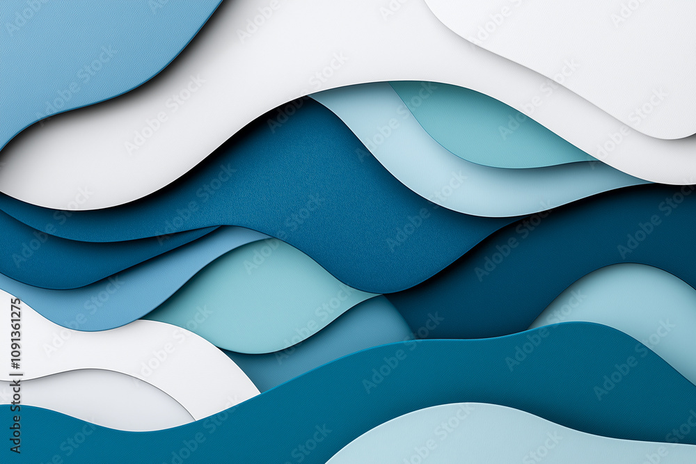 Poster abstract background with layered blue and teal paper waves creating serene and flowing design