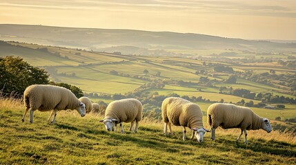 Fototapeta premium Sheep graze on a hillside overlooking a picturesque valley at sunset.