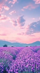 Obraz premium A serene lavender field under a colorful sunset sky.