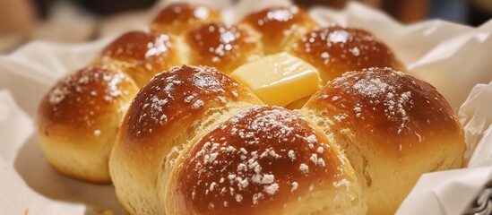 Golden baked bread rolls with butter on the side, warm and rustic 