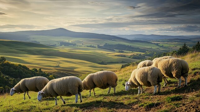 Sheep grazing on a hillside at sunset, overlooking a vast, rolling landscape.