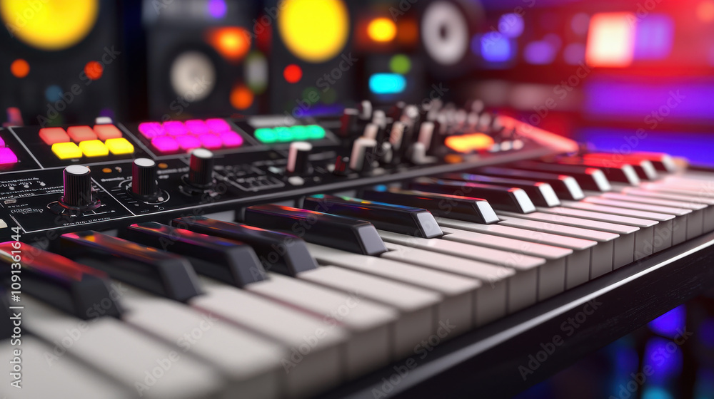 Poster 3d rendering of analog synthesizer with neon lights, showcasing vibrant colors and intricate details