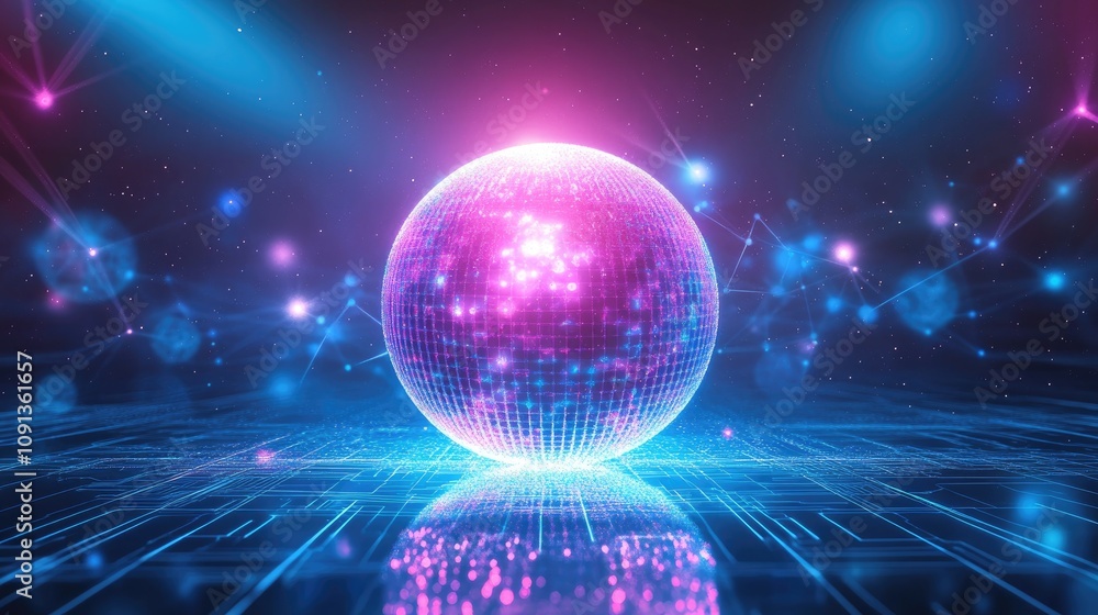 Poster 3d rendering of a vibrant glowing sphere illuminated by ultraviolet neon light, featuring a pink and