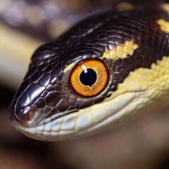 Fototapeta premium close-up extreme macro of a snake eye, with the pupil and surrounding scales in sharp focus, while the rest of the snake's head and background gradually blur out, creating a sense of intense observati