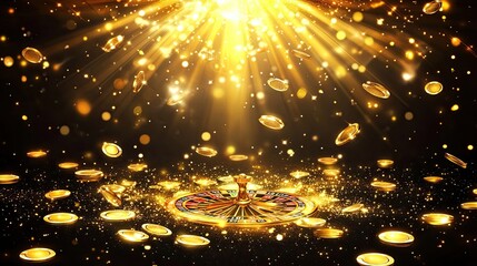 Naklejka premium Golden Roulette Wheel with Falling Coins and Sparkling Lights