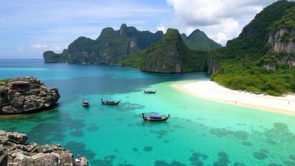 Obraz premium Tropical Paradise Beach: Crystal Blue Waters, Lush Green Cliffs, and Serene Boats for a Relaxing Getaway