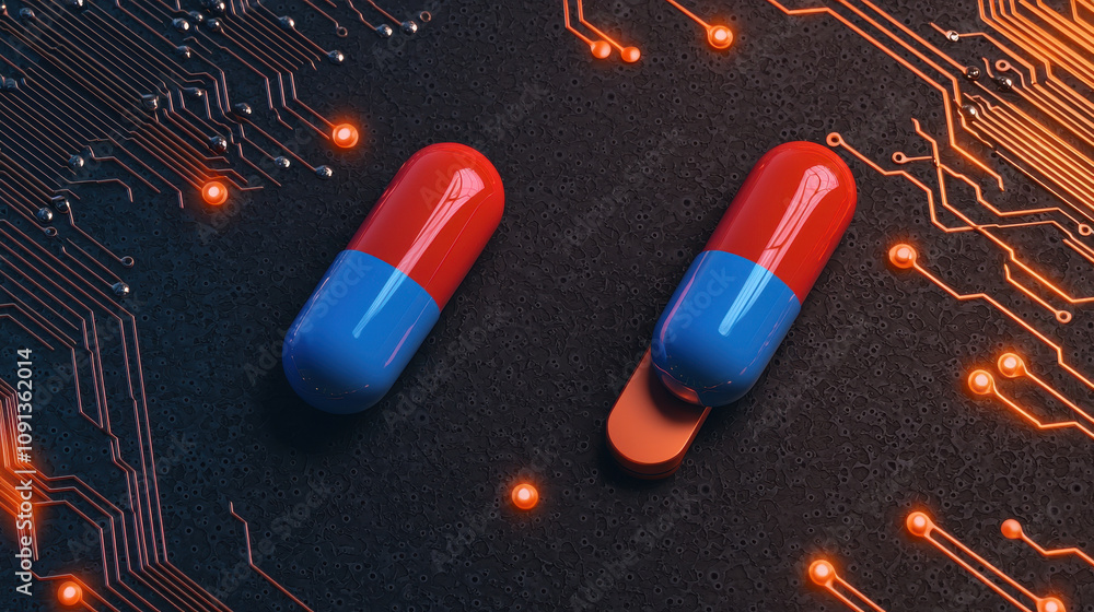 Poster 3d rendering of red and blue pills on dark circuit board background, symbolizing technology and heal