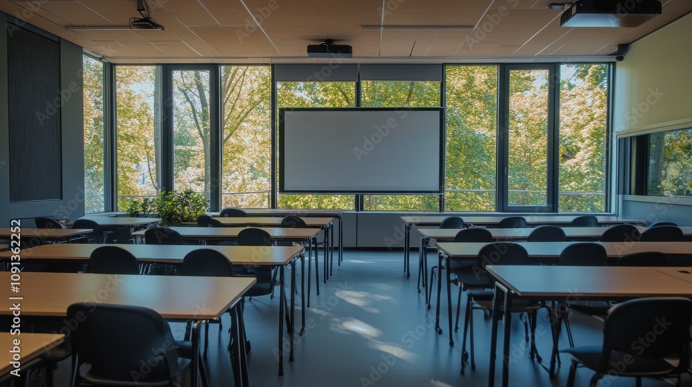 Poster a modern classroom with large windows and desks arranged for learning.