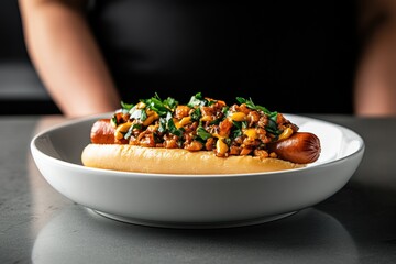 fine dining experience, vegan hot dogs displayed stylishly on elegant plating in a traditional kitchen with white cabinets and room for a note