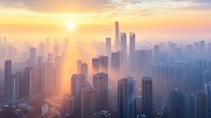 Fototapeta premium Sunrise over a hazy cityscape, showcasing numerous skyscrapers bathed in warm, golden light.
