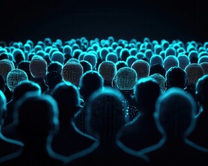 Obraz premium Crowd of people with individual biometric profiles glowing above their heads, showcasing the personalization of recognition systems