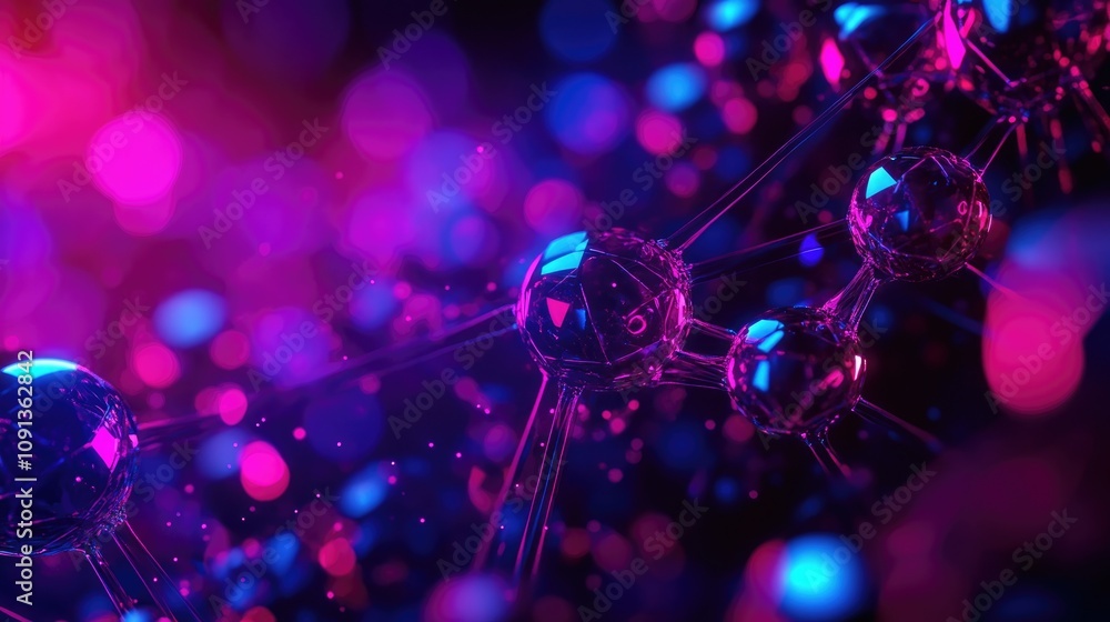 Poster abstract digital backdrop showcasing interconnected spheres and vibrant bokeh effects in pink and bl