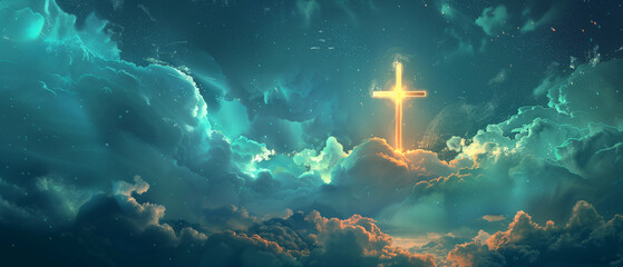 A surreal illustration of a glowing Catholic cross suspended in the sky above planet Earth, with delicate clouds swirling around it