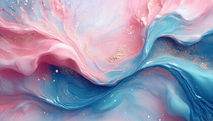 Fototapeta premium Sparkling fluid. Liquid ink color mix. Blurred pink blue color shiny dust particles acrylic paint swirl water emulsion flow abstract art background.