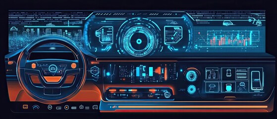 Obraz premium Futuristic car dashboard with digital displays showing speed, navigation, and entertainment.