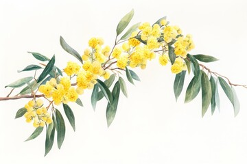 Golden Wattle Watercolor Illustration - Elegant watercolor painting of Golden Wattle (Acacia pycnantha), symbolizing Australia, nature, beauty, spring, and new beginnings.