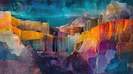 Vibrant mining landscape showcasing surreal mineral-rich formations with striking colors and unique geological features set against a dramatic backdrop.