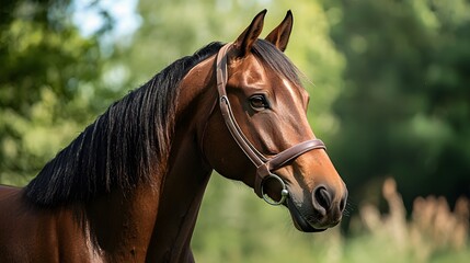 Obraz premium Close-up portrait of majestic horse in natural surroundings. National Horse Day. Beauty and strength of animal in serene outdoor settings