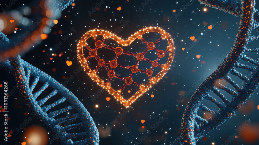 Poster stunning 3d rendering of heart shape made of glowing particles, surrounded by dna strands and floati