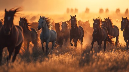 Obraz premium Herd of spirited horses galloping through sunlit meadow at dusk. Beauty, power and elegance of noble animals on National Horse Day