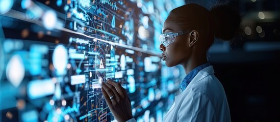 Woman in Lab Coat Interacting with Digital Interface