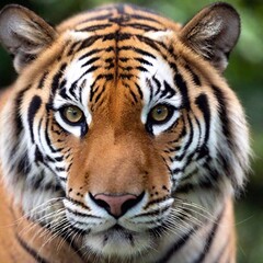 Fototapeta premium close-up of a tiger piercing amber eyes, with the sharp focus on the eyes while the fur around its face and background jungle blur softly into the distance